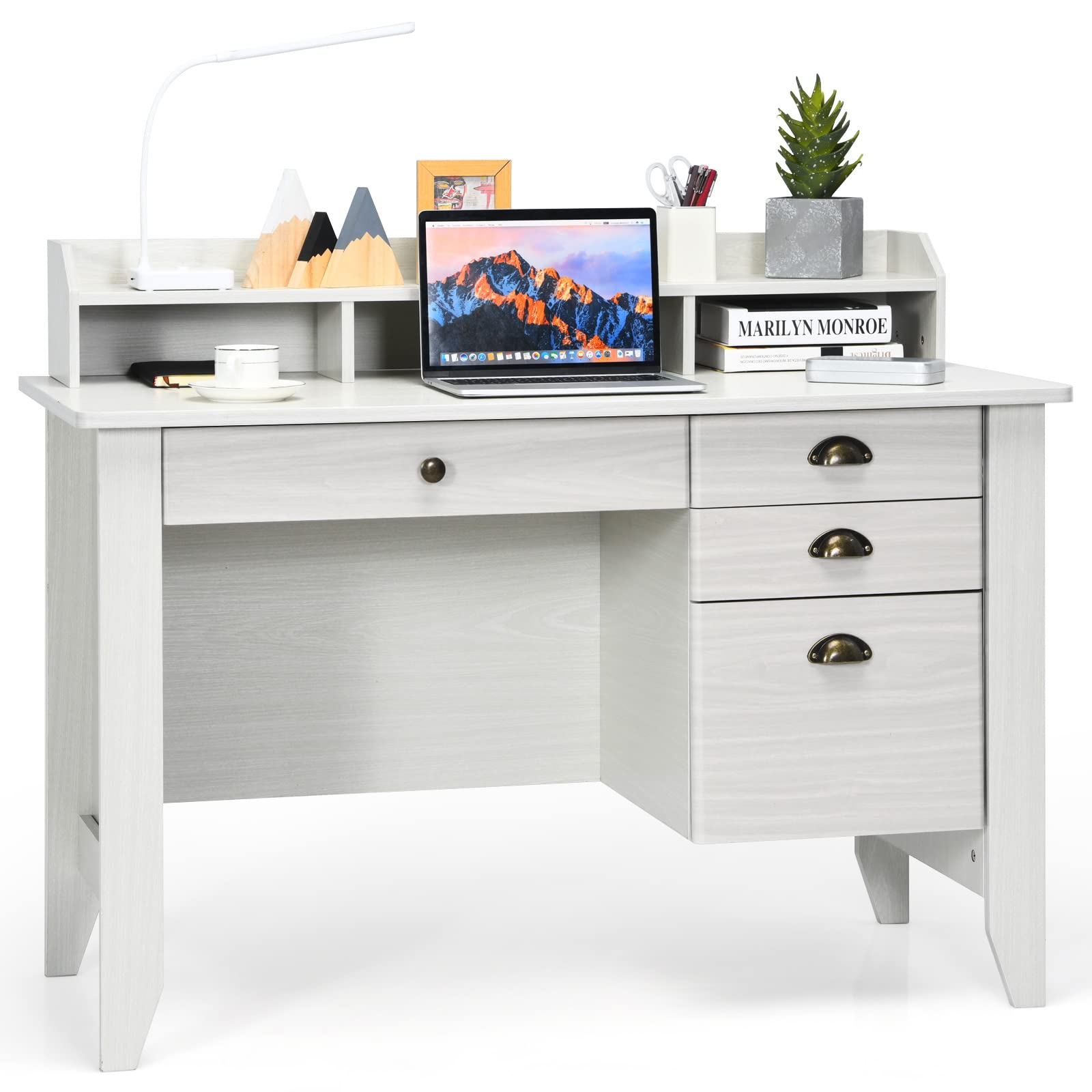Tangkula 48" Computer Desk with 4 Storage Drawers & Hutch, Home Office Desk Vintage Desk