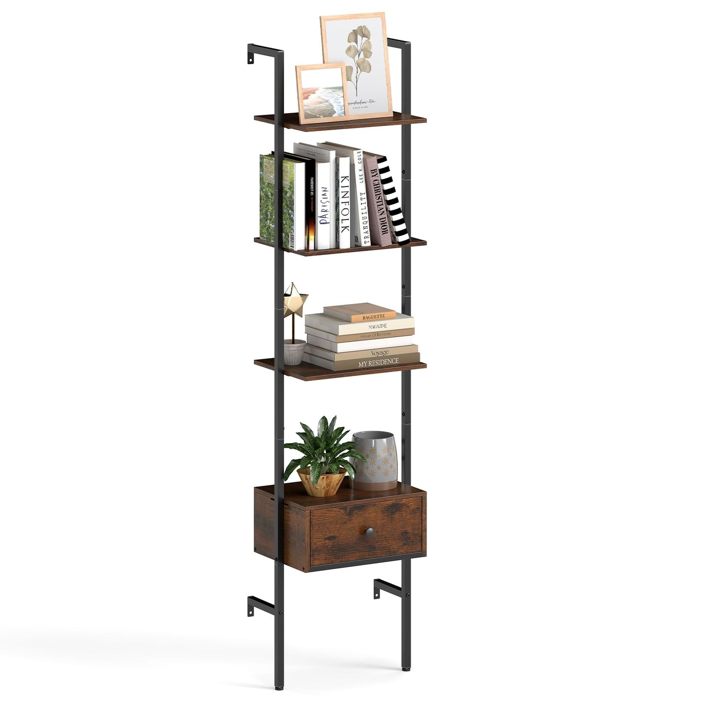 Tangkula 5-Tier Ladder Bookcase with Drawer and Metal Frame for Study Home Office