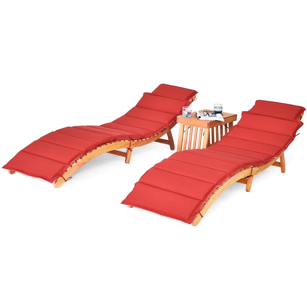 Tangkula 3 Pcs Folding Patio Solid Eucalyptus Wood Lounge Chair Set (Red & White)