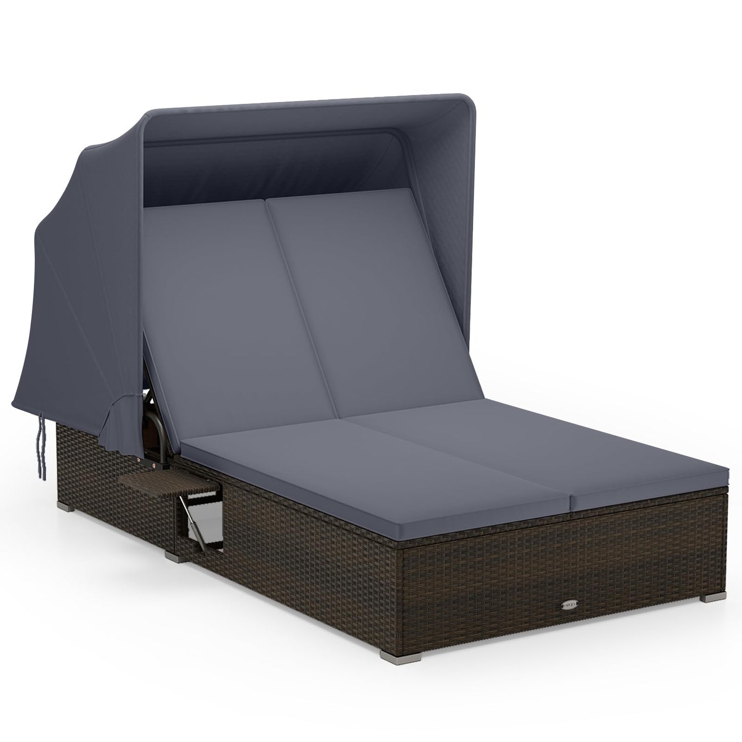 Tangkula Chaise longue double de patio avec pare-soleil, transat inclinable en osier Patiojoy à 6 niveaux
