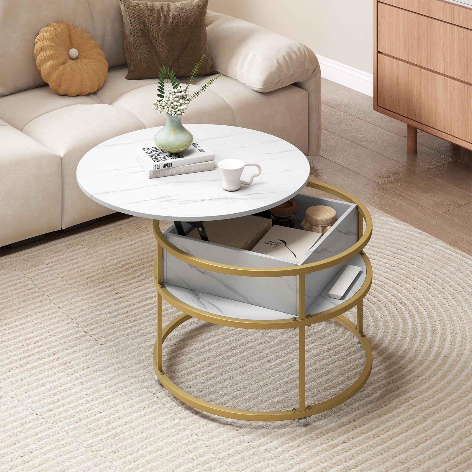 Tangkula 31.5” Round Center Table with Hidden Compartment & Side Shelves