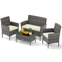 Tangkula 4/8 Piece Patio Rattan Conversation Set, Outdoor Wicker Furniture Set with Chair, Loveseat & Tempered Glass Table