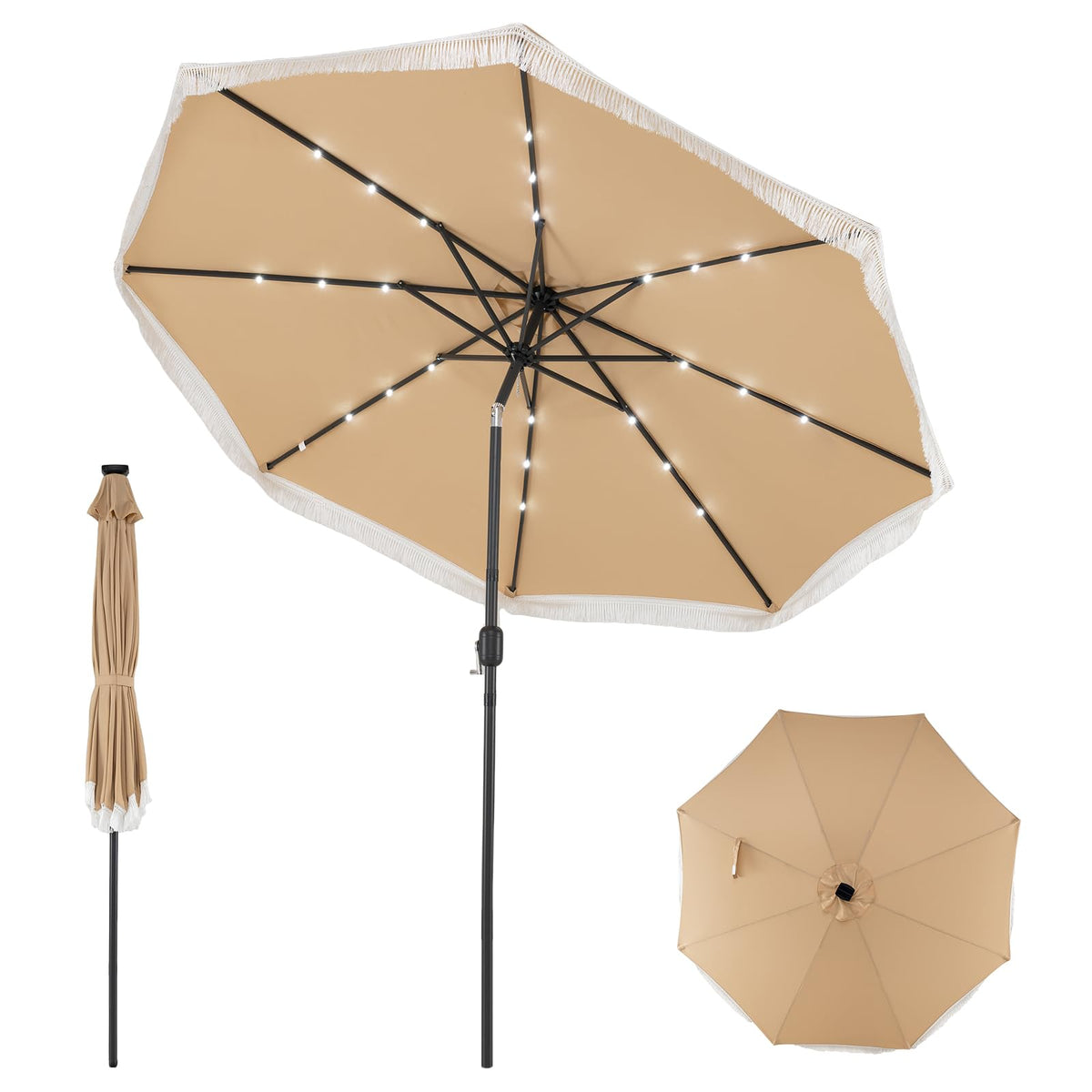 Tangkula 10 FT Solar Patio Umbrella with Fringe