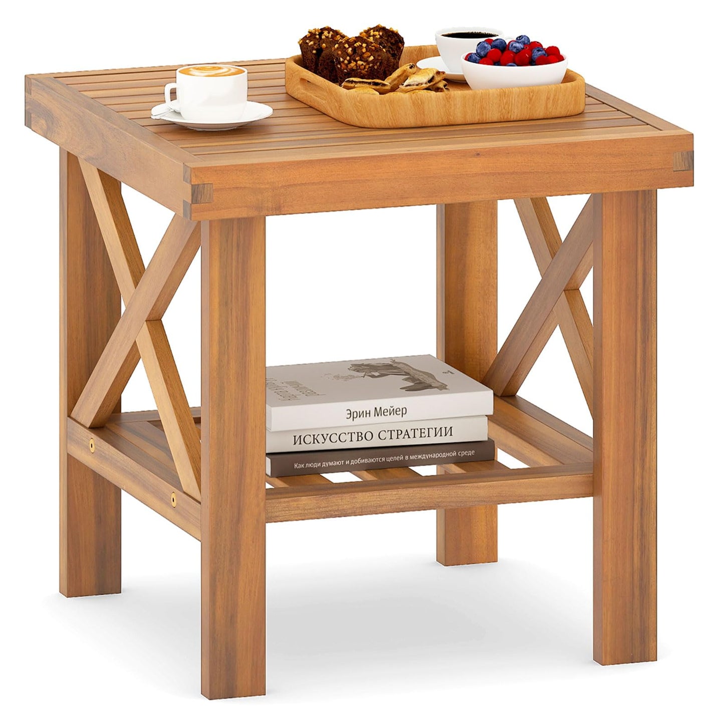 Tangkula Outdoor Side Table with Storage Shelf for Small Space