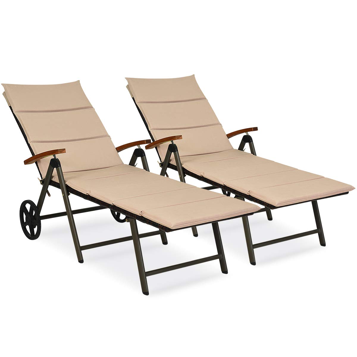 Tangkula Foldable Outdoor Chaise, Wicker Lounger Chair with Aluminum Frame, with Wheels for Easy Moving