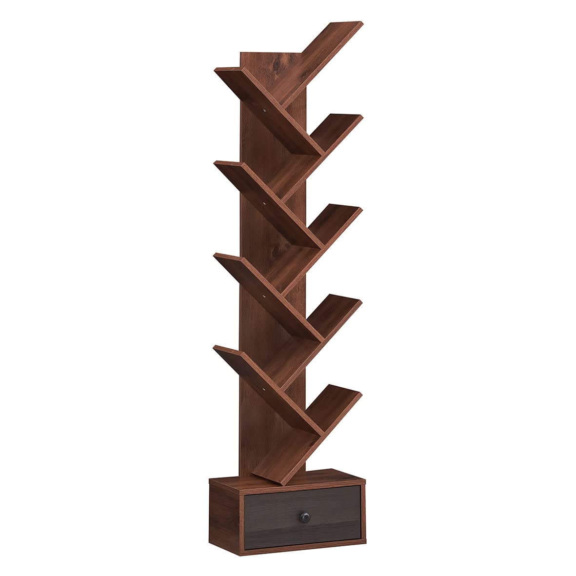 Tangkula 5 Tier Tree Bookshelf with Drawer, Rustic 5 Shelf Space Saving Corner Bookcase
