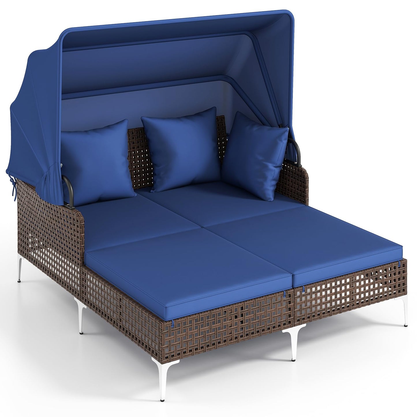 Tangkula Outdoor Rattan Double Daybed with Metal Support for Backyard