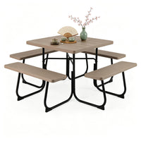 Table de pique-nique Tangkula 8 personnes, table de pique-nique carrée d'extérieur avec 4 bancs intégrés