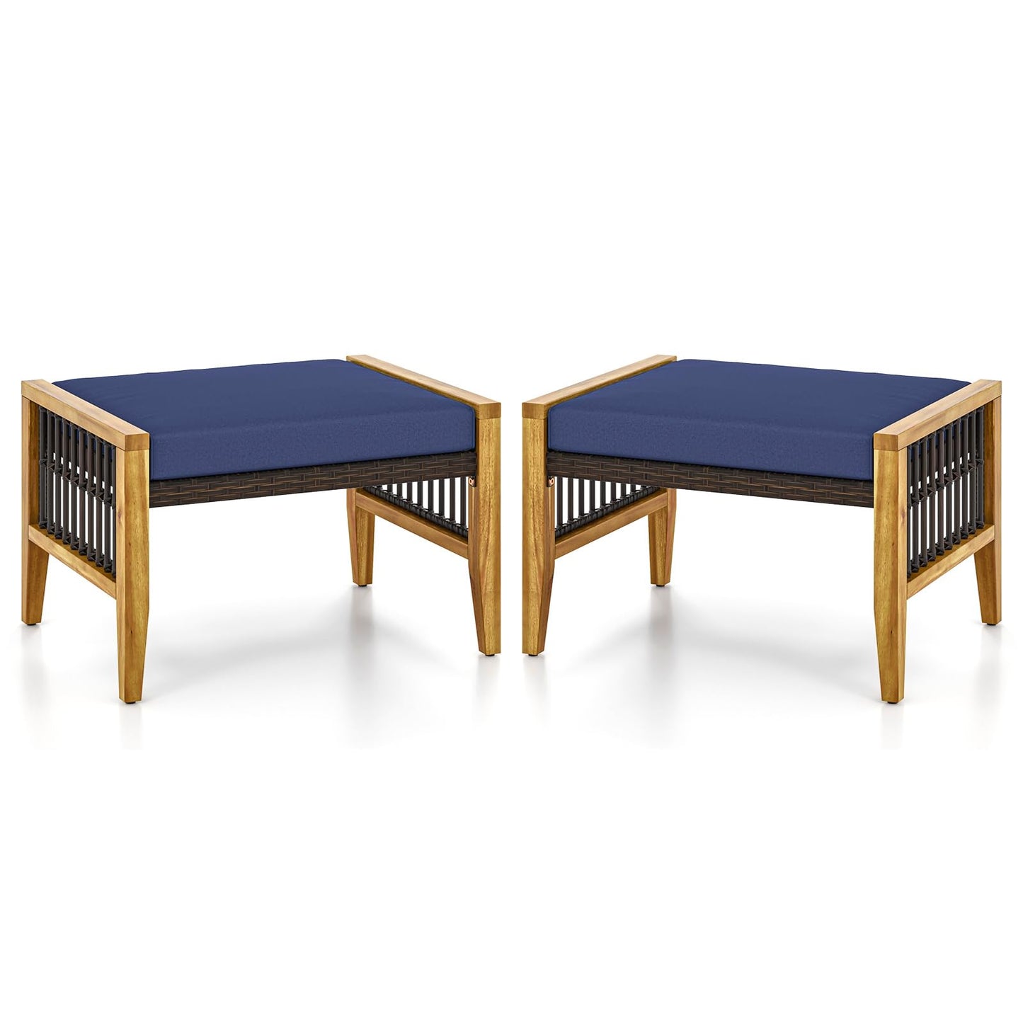 Tangkula Set of 2 Outdoor Ottomans, Patio Acacia Wood Ottomans with Cushions (Navy)
