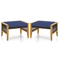 Tangkula Set of 2 Outdoor Ottomans, Patio Acacia Wood Ottomans with Cushions (Navy)