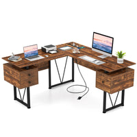 Tangkula 59" L-Shaped Office Desk with 3 Drawers & Charging Station