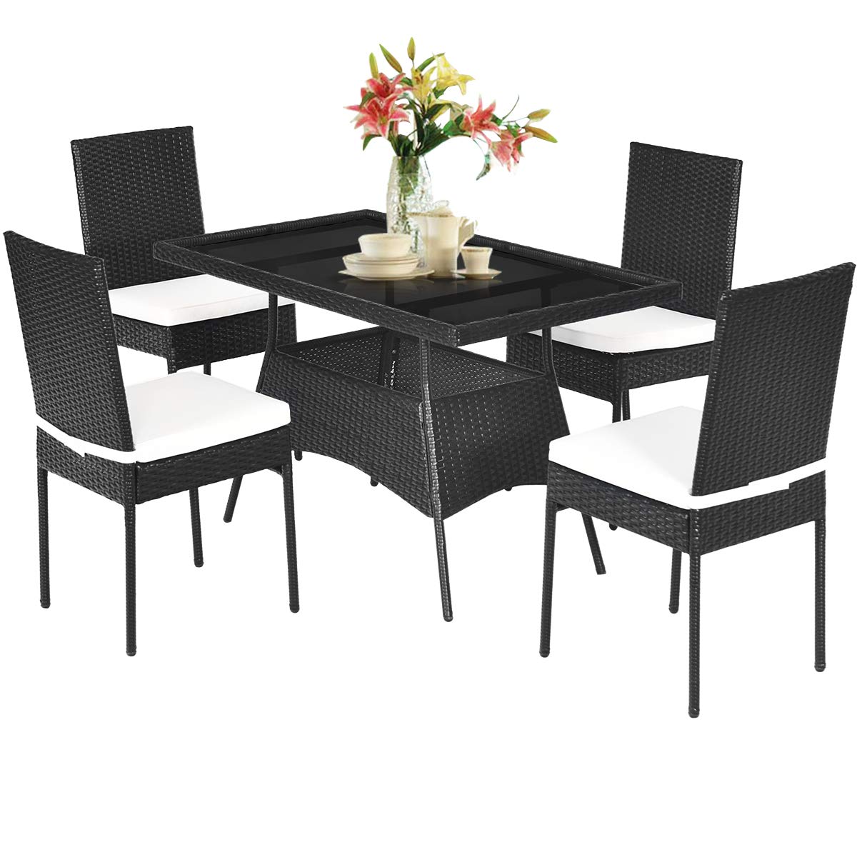 Tangkula 5 Piece Wicker Patio Dining Set with Tempered Glass Top & Padded Cushions