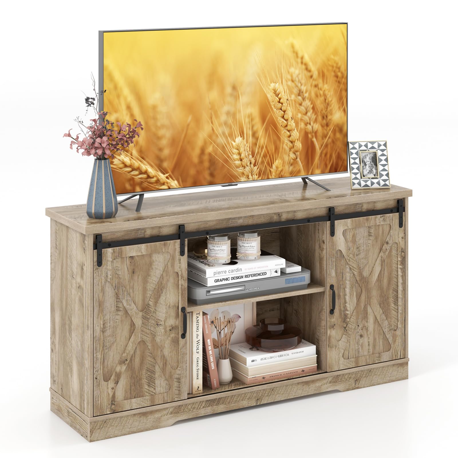 Tangkula Sliding Barn Door TV Stand for TVs up to 65”