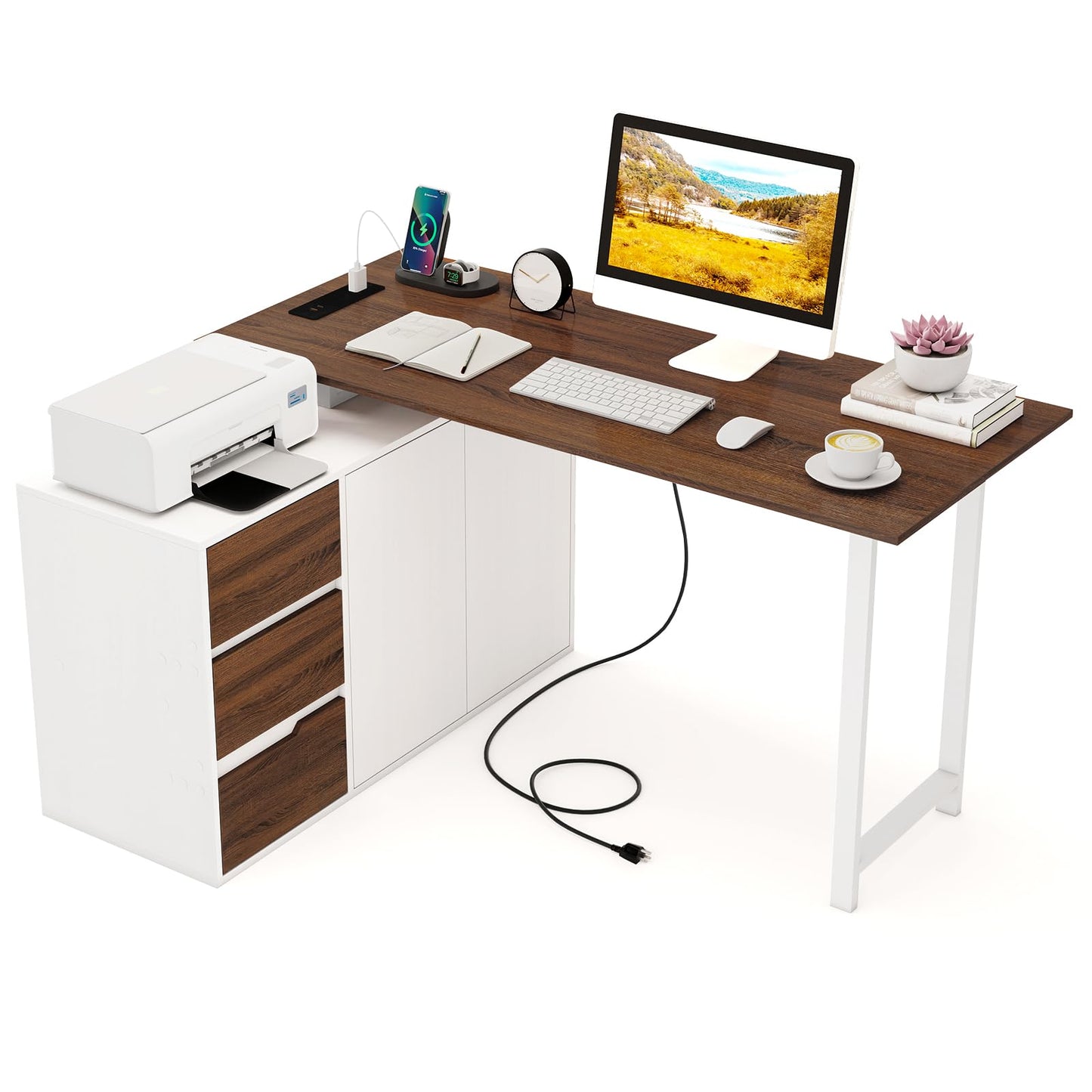 Tangkula Reversible L-Shaped Desk with File Cabinet & 3 Drawers