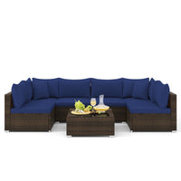 Tangkula 7 Pieces Patio Rattan Furniture Set, Patiojoy Outdoor Conversation Set with Cushions and Tempered Glass Coffee Table