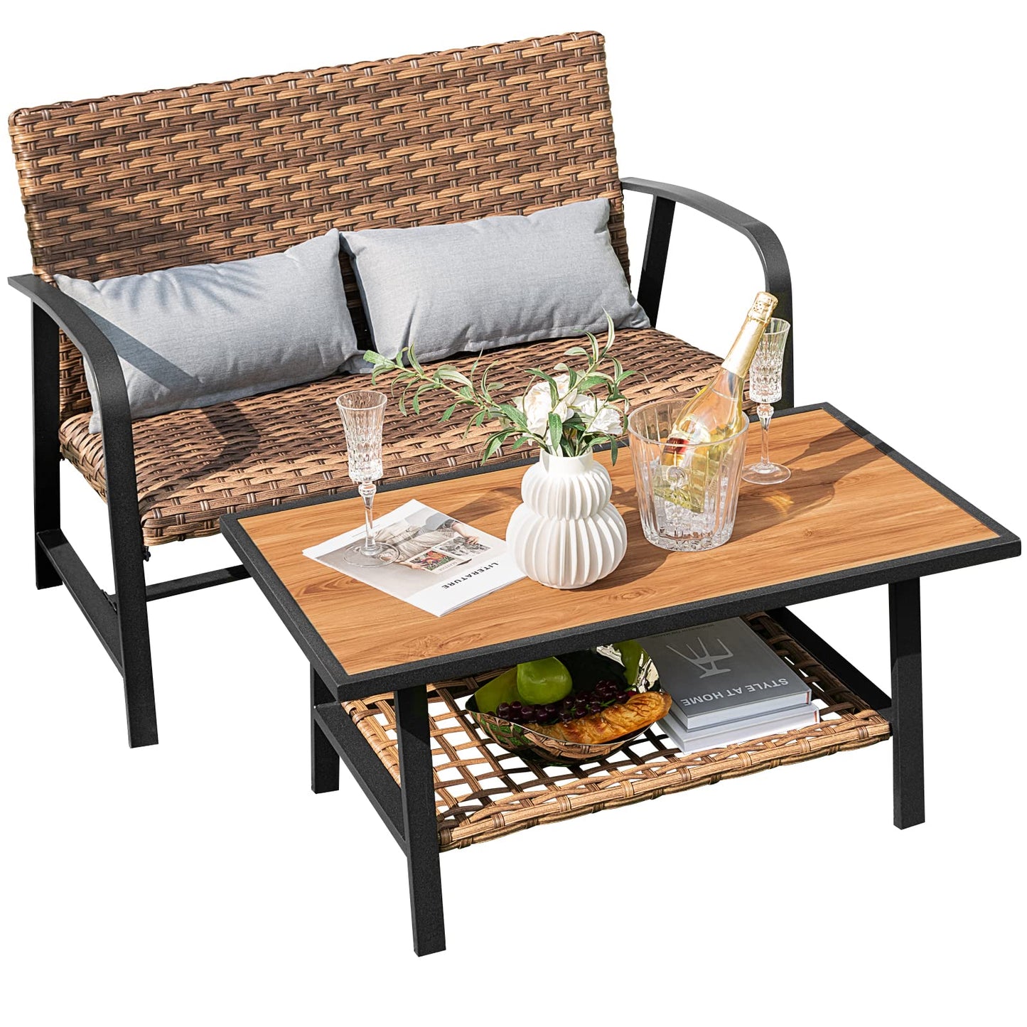 Tangkula 2 Pieces Patio Wicker Furniture Set with 4D Air Fiber Cushion
