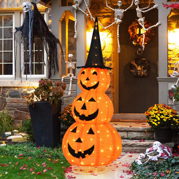 Tangkula Citrouilles empilées gonflables d'Halloween de 1,5 m avec chapeau de sorcière et 100 lumières LED
