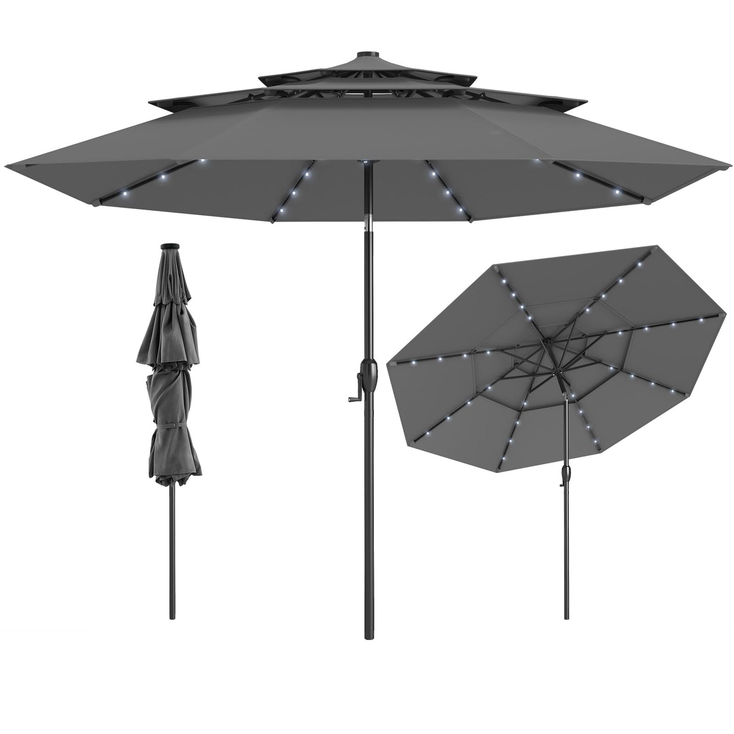 Tangkula 10 FT Solar LED Patio Umbrella 3-Tier Vented Outdoor Market Table Umbrella