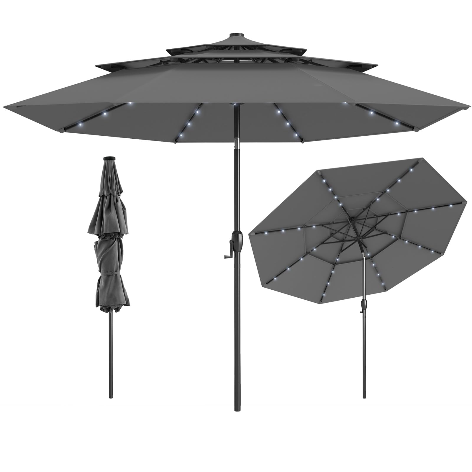 Tangkula 10 FT Solar LED Patio Umbrella 3-Tier Vented Outdoor Market Table Umbrella