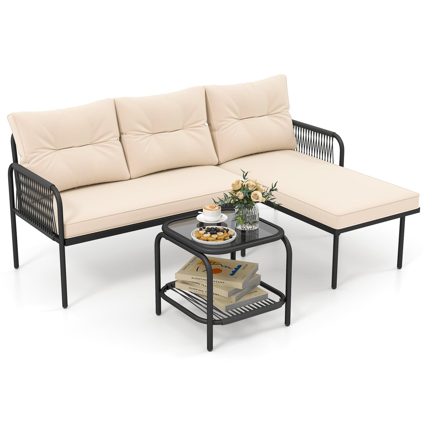 Ensemble de mobilier de patio Tangkula 3 pièces en forme de L avec table en verre trempé