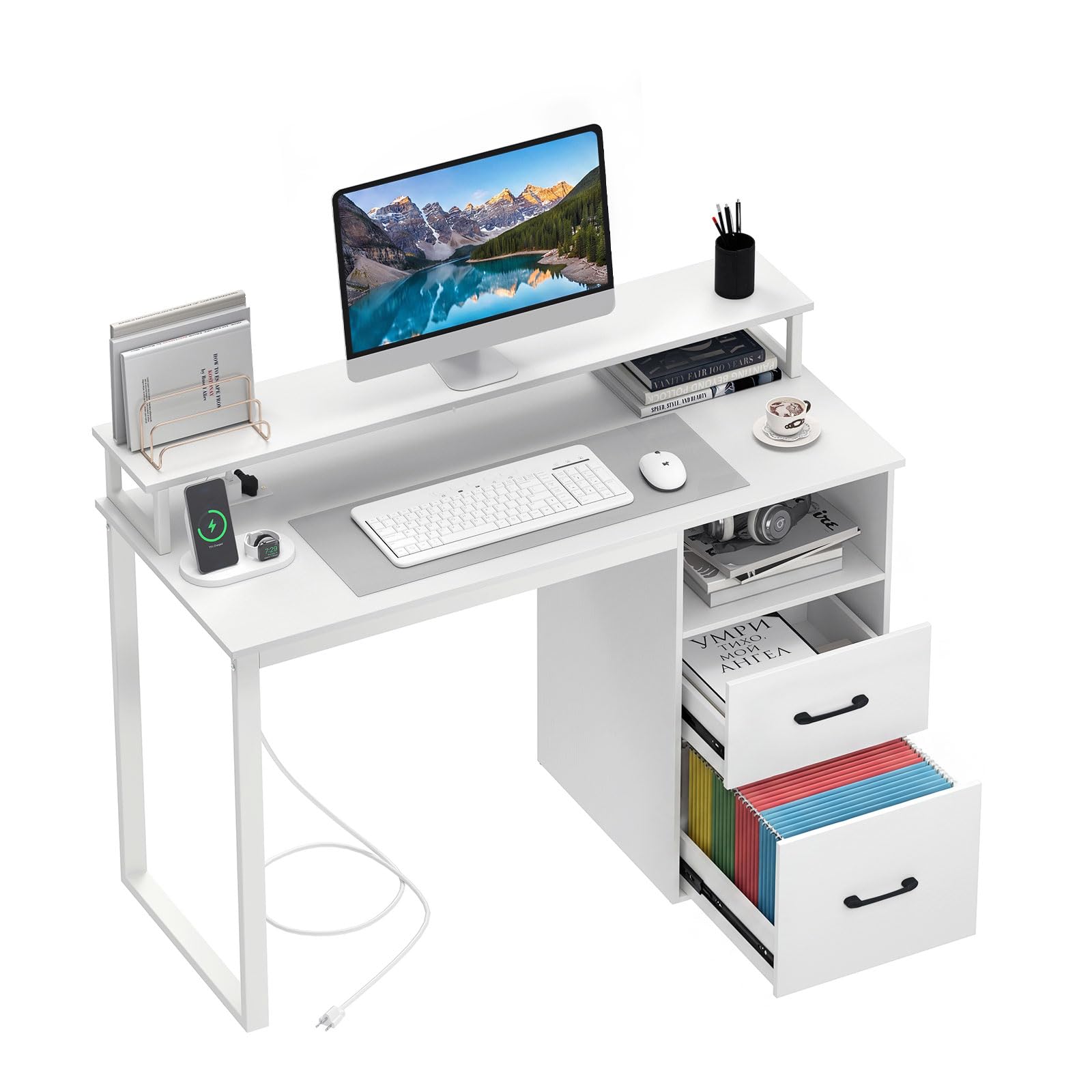 Tangkula White Desk with 2 Storage Drawers & Power Outlets