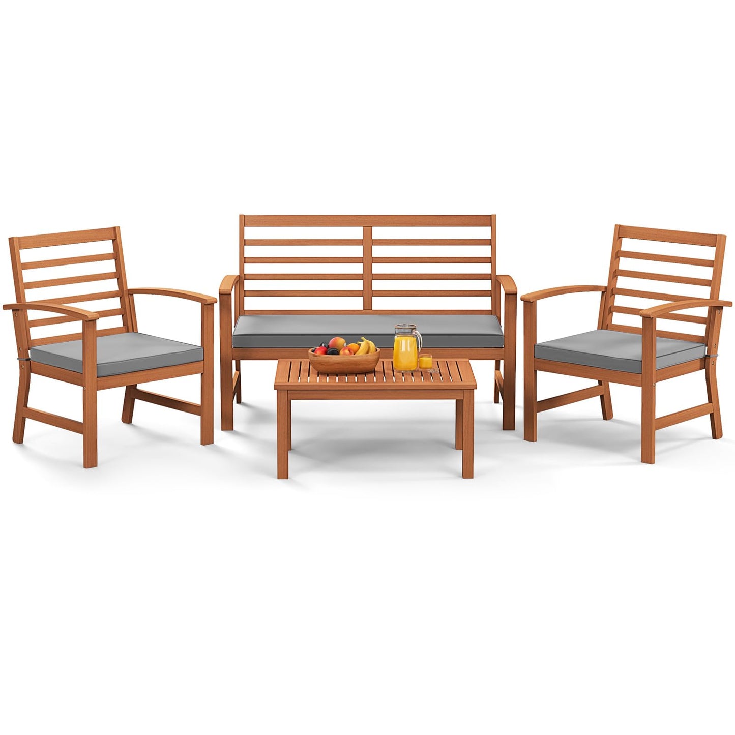 Tangkula 4 Pieces Outdoor Furniture Set, Acacia Wood Conversation Set w/Soft Seat Cushions
