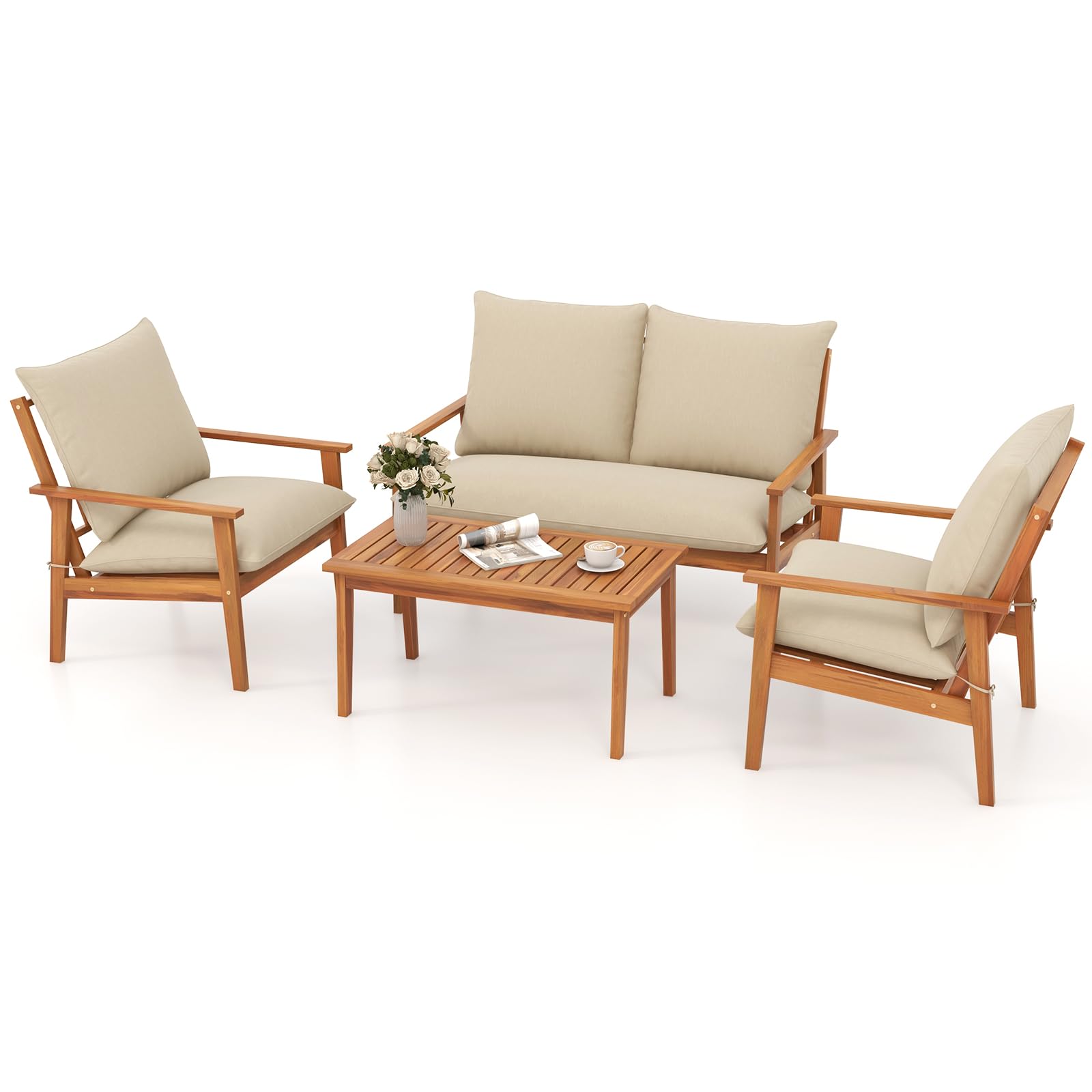 Tangkula 4 Pieces Patio Furniture Set Outdoor Acacia Wood Conversation Set