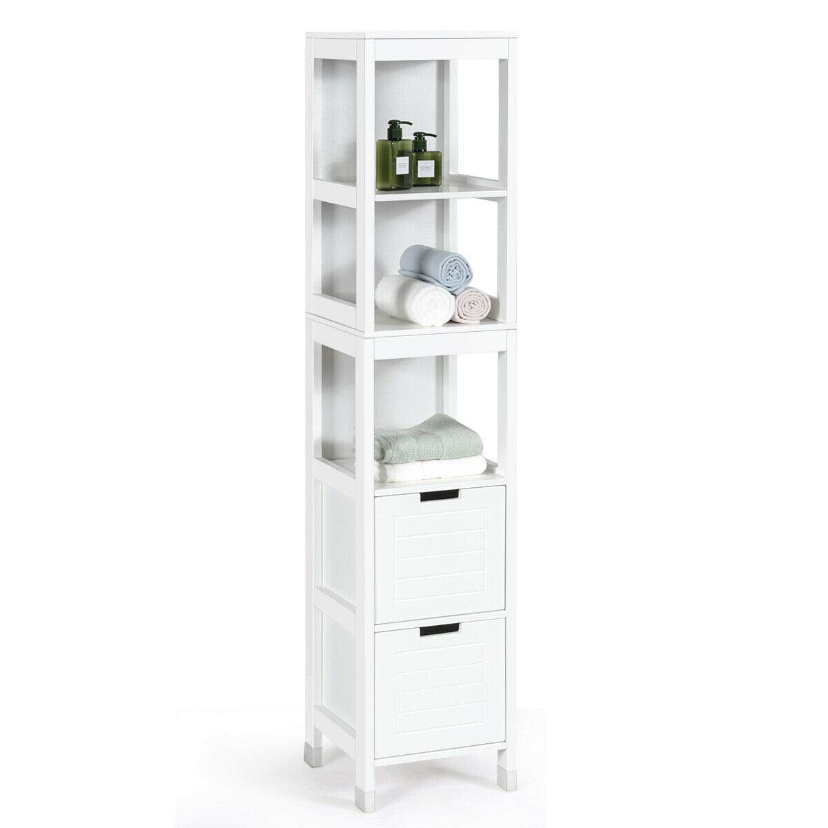Tangkula Tall Bathroom Storage Cabinet, Multifunctional Bathroom Floor Cabinet with 3 Tier Shelves and 2 Drawers