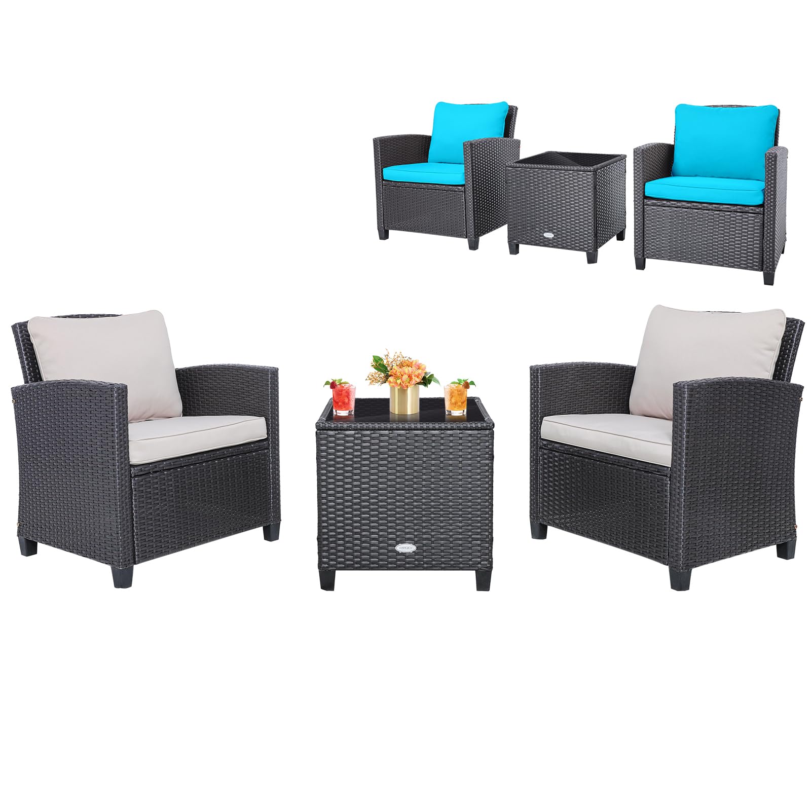Tangkula 3 Pieces Patio PE Wicker Furniture Set with 4 Bonus Cushion Covers