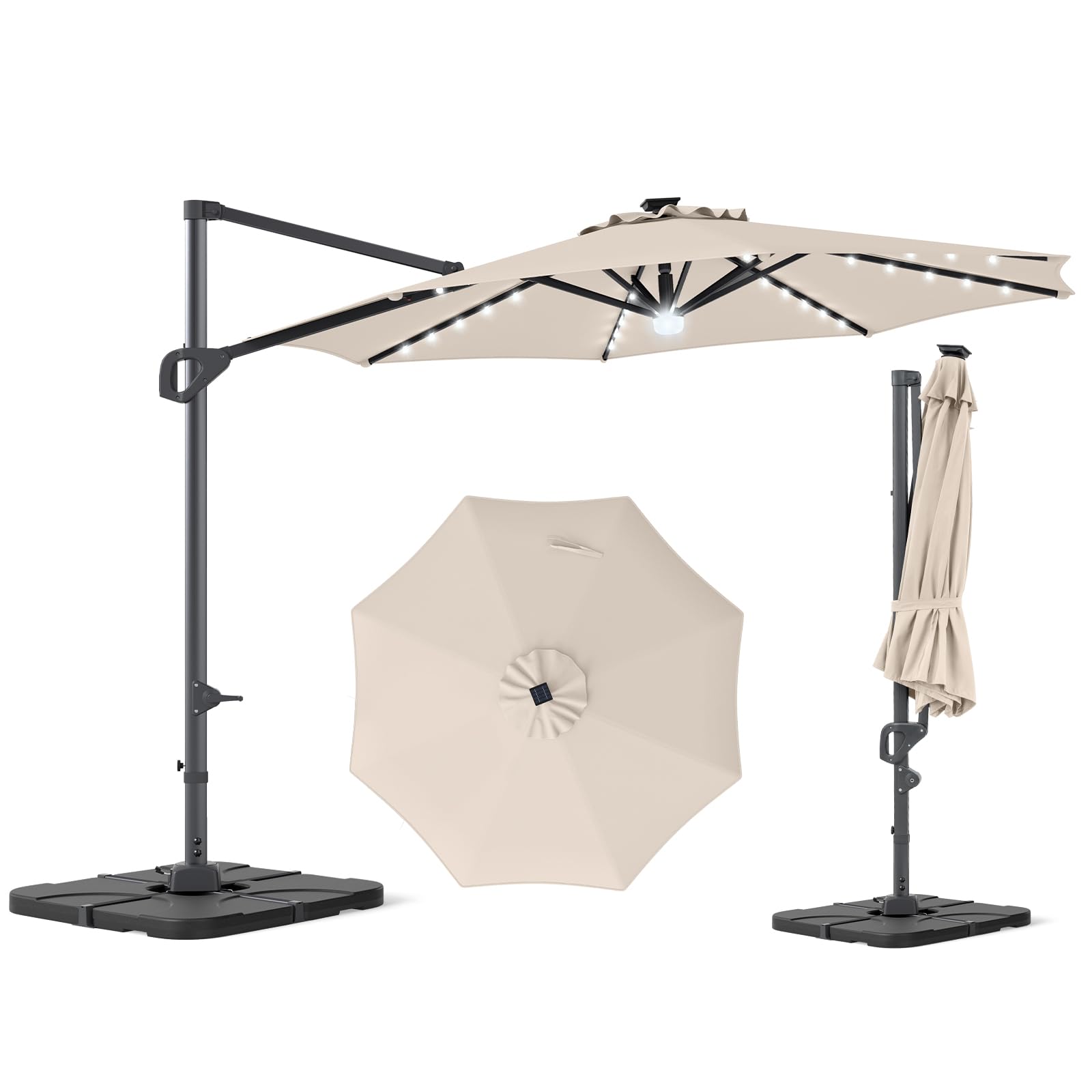 Tangkula 10 FT Solar Patio Umbrella with Base Included Cantilever Offset Outdoor Umbrella