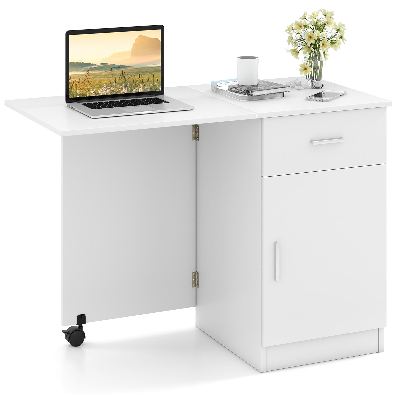 Tangkula Folding Computer Desk with Storage Drawer & Cabinet