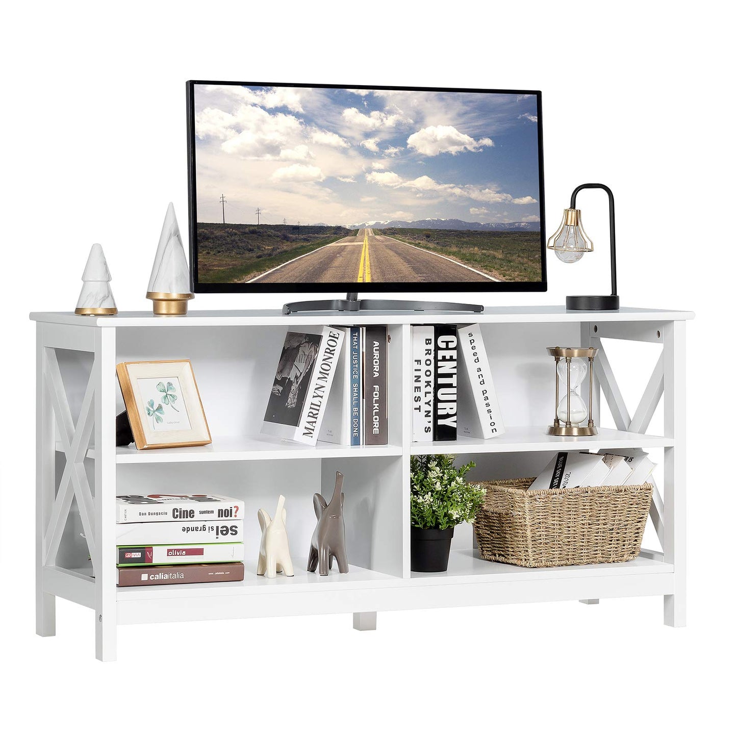 Meuble TV pour téléviseurs jusqu'à 55 pouces, meuble de divertissement en bois de style ferme avec cadre en X et 4 étagères de rangement ouvertes
