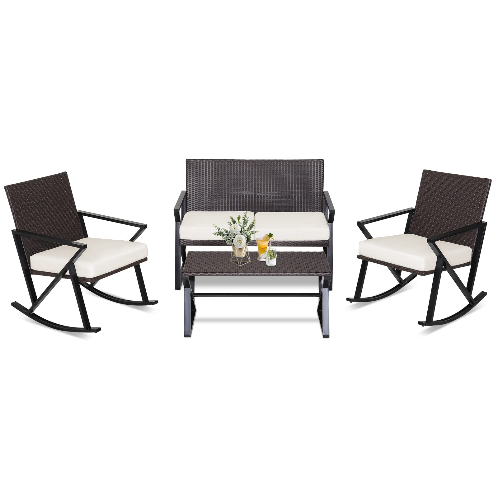 Tangkula 4 Piece Patio Rocking Furniture Set Patiojoy PE Wicker Loveseat