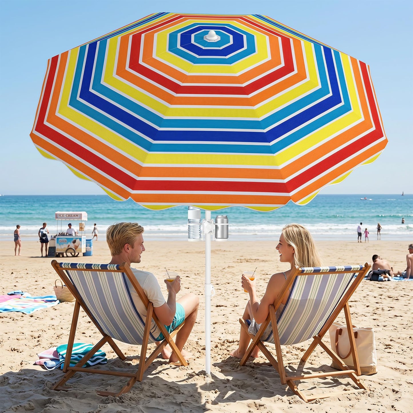 Tangkula 6.5 FT Scalloped Beach Umbrella with Cup Holders | UPF 50+