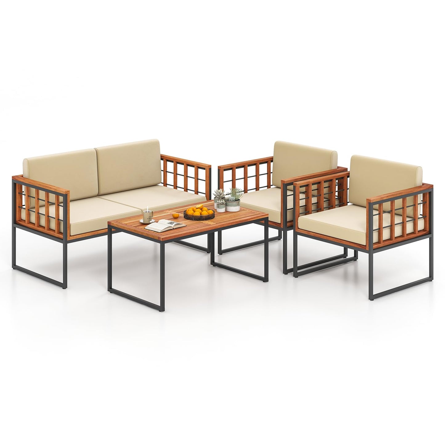 Tangkula Acacia Wood Outdoor Sofa Set, 4 Pieces Outdoor Furniture Set with Heavy Duty Metal Frame