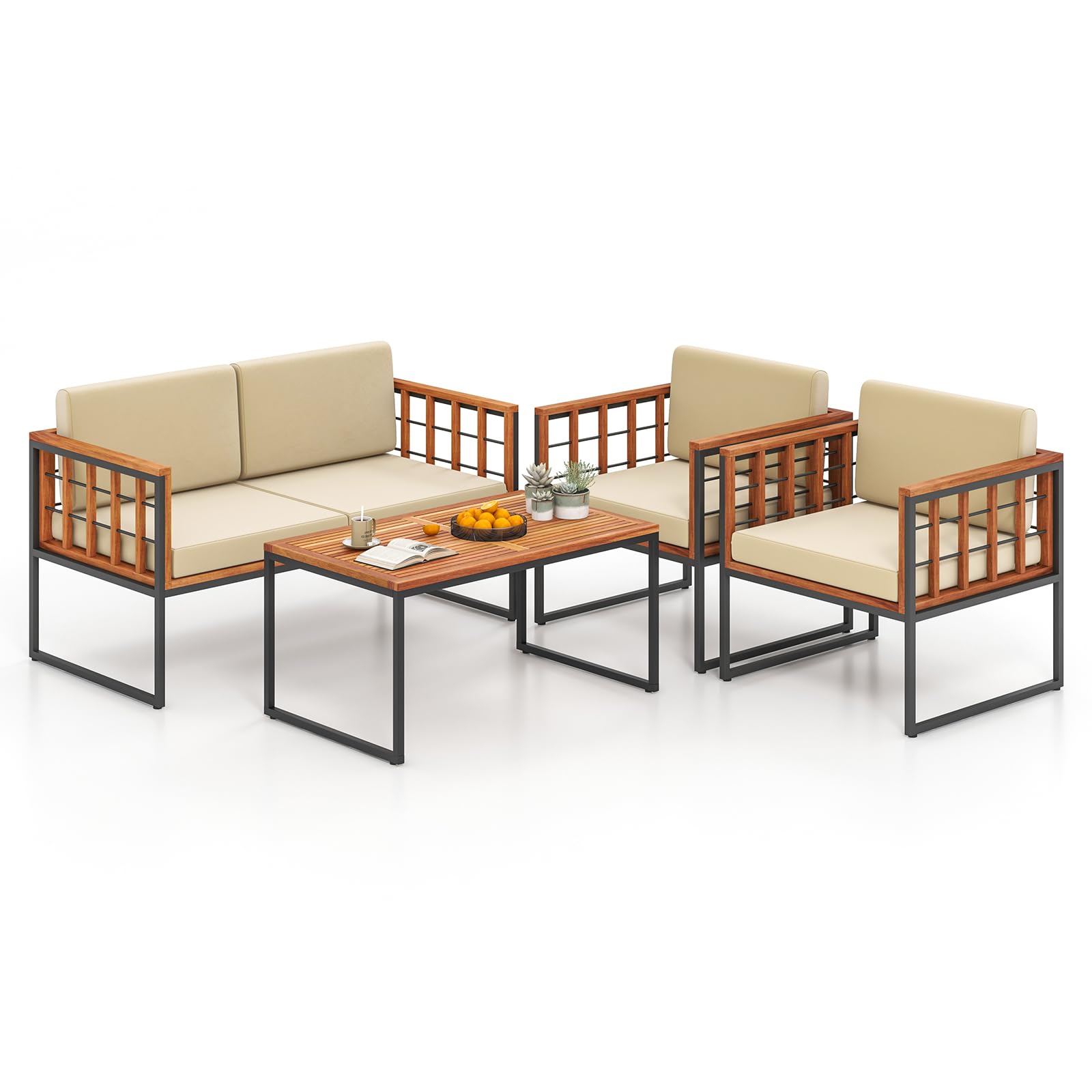 Tangkula Acacia Wood Outdoor Sofa Set, 4 Pieces Outdoor Furniture Set with Heavy Duty Metal Frame