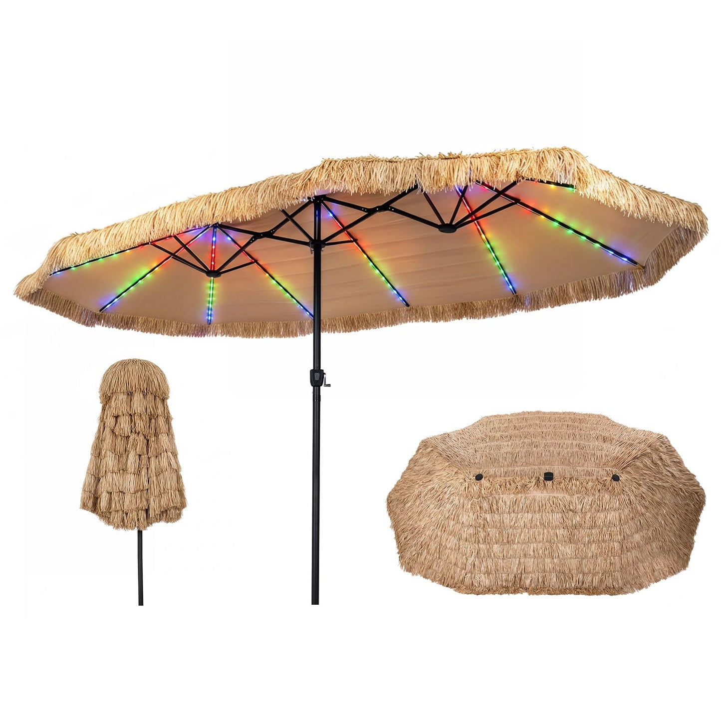 Tangkula 15 FT Solar Tiki Patio Umbrella | Thatched PE Grass