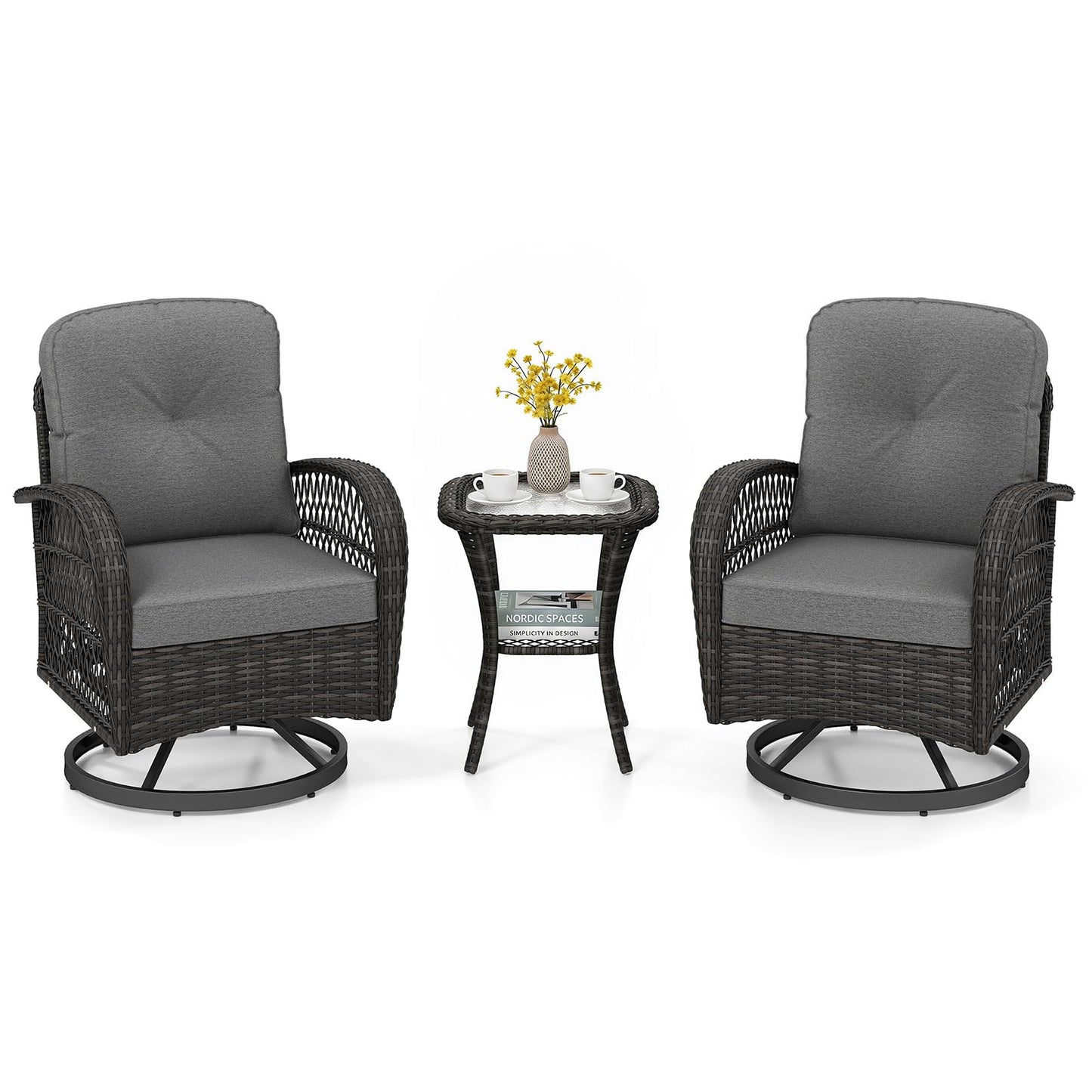 Tangkula 3 Piece Patio Swivel Rocker Set 2 Outdoor Wicker Rocking Chairs
