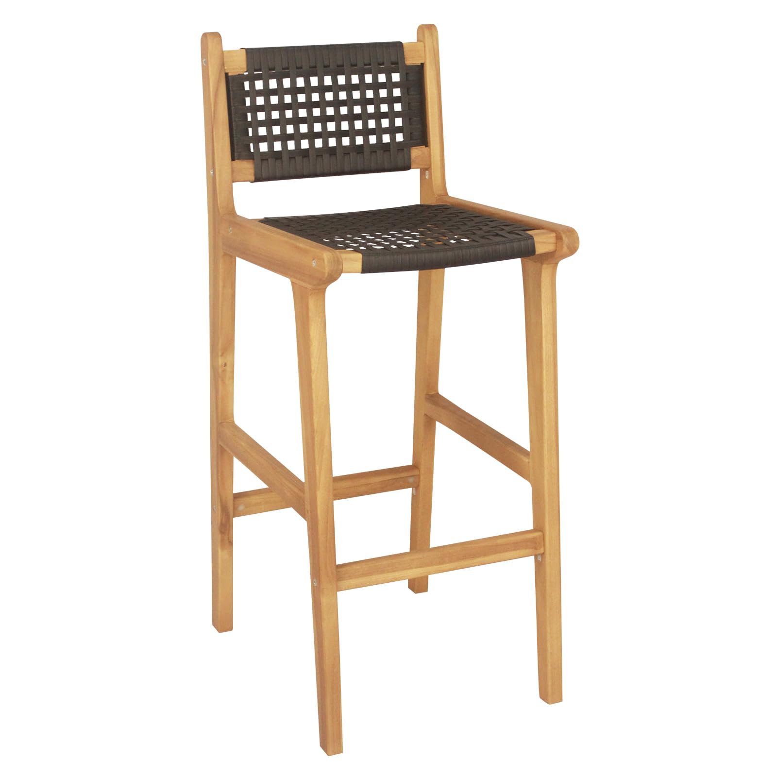 Tangkula Teak Wood Bar Chair, 30” Rattan Bar Stool with Backrest & Footrest