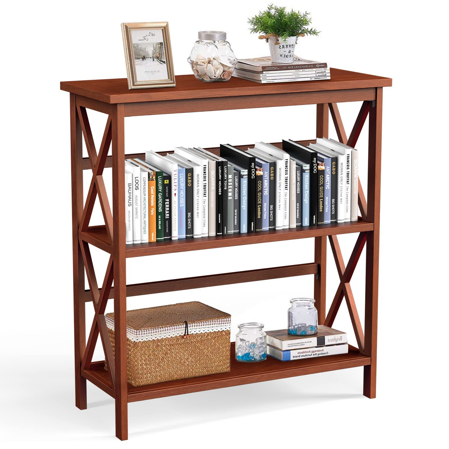 Tangkula 3-Tier Bookcase and Bookshelf, Wooden Open Shelf Bookcase, X-Design Etagere Bookshelf for Home Living Room Office