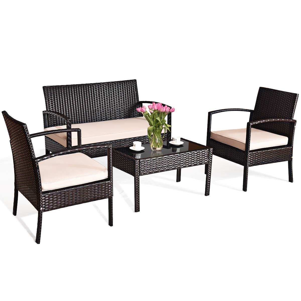 Tangkula 4 or 8 Piece Rattan Patio Furniture Set for Porch