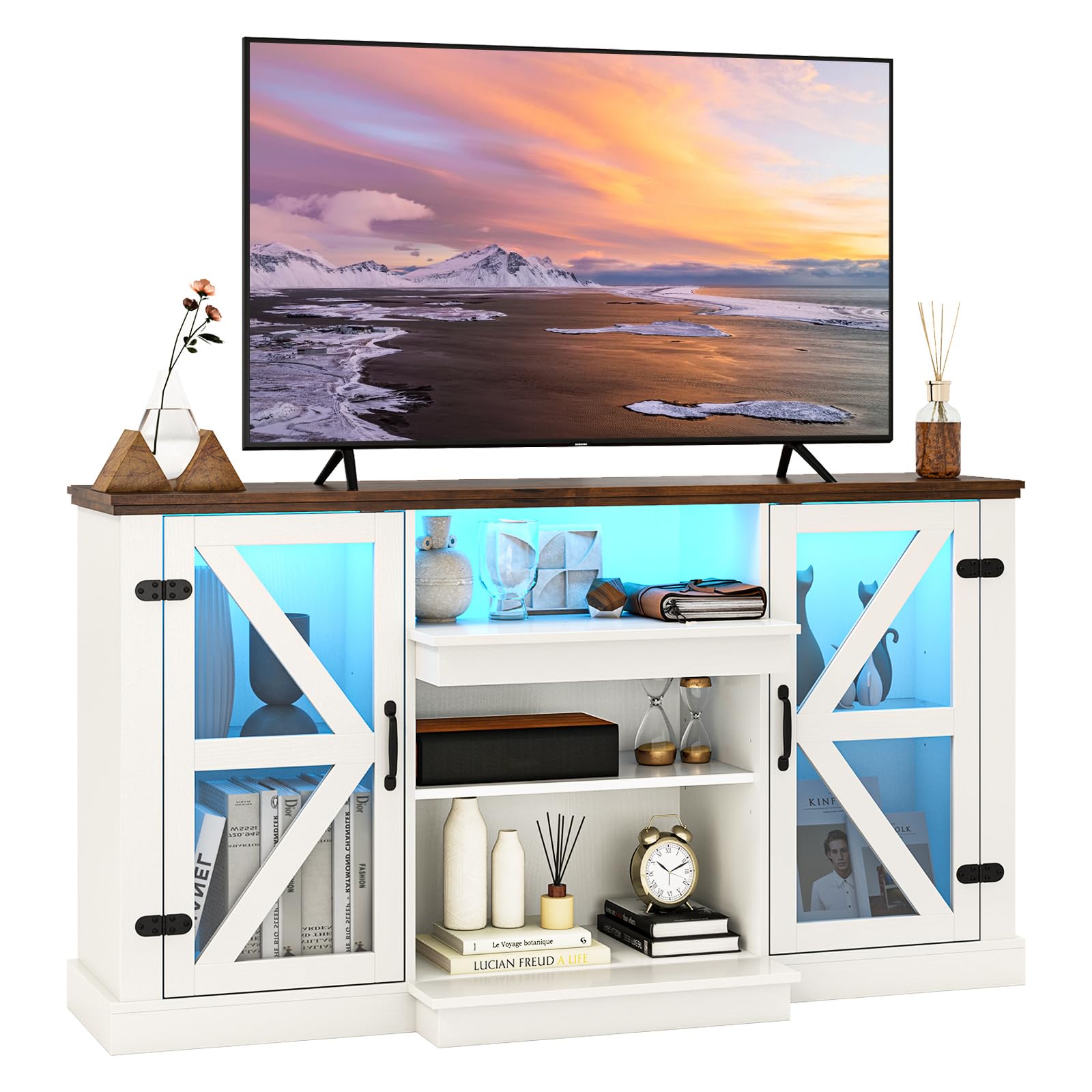 Tangkula Farmhouse LED TV Stand for TV up to 65 Inch