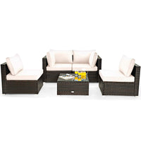 5 Pieces Patio Furniture Set, All Weather Wicker L-Shaped Corner Sofa Set w/Soft Cushions
