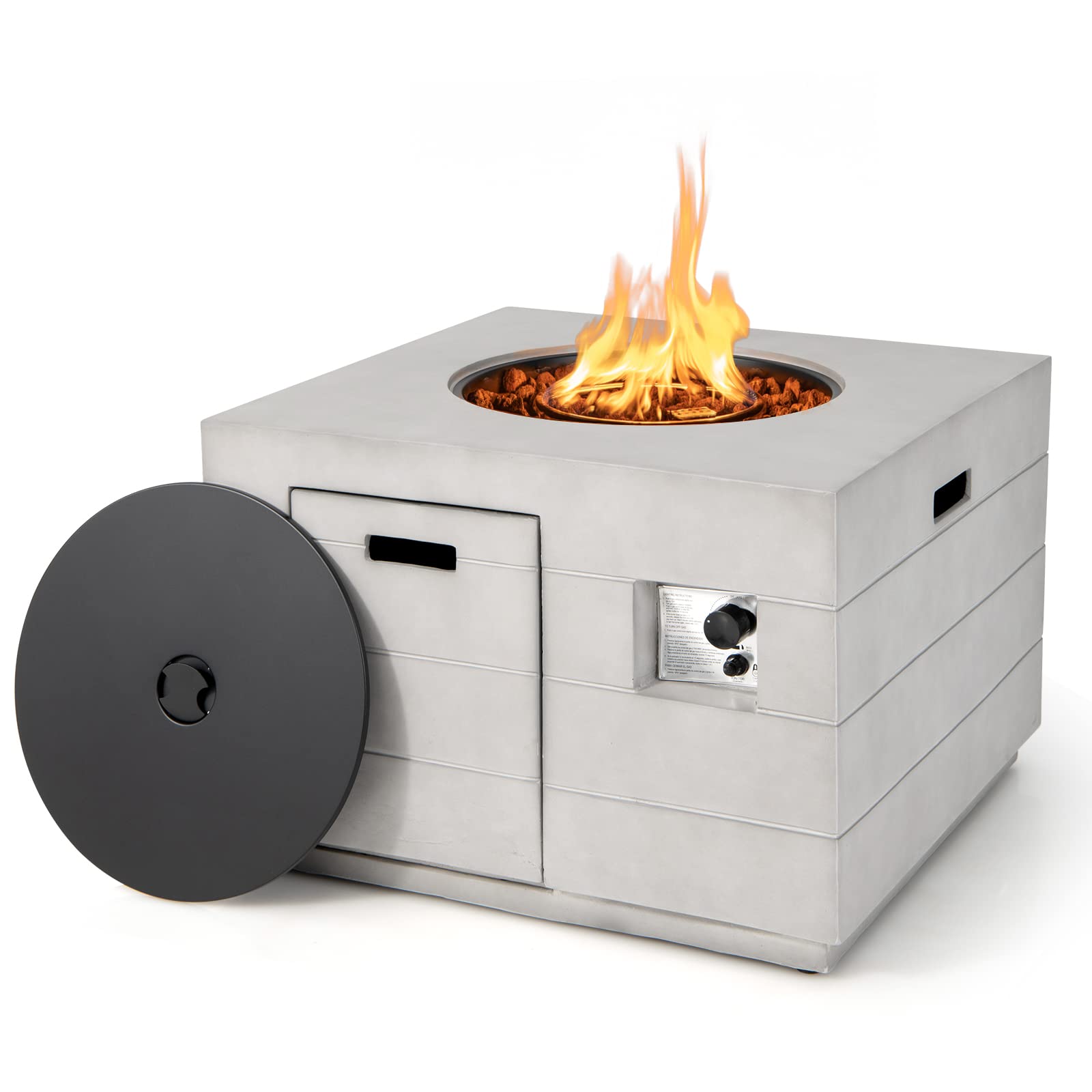 Tangkula 35 Inch Concrete Propane Gas Fire Pit Table, Patiojoy Square Outdoor Propane Fire Table with Protective Cover Lava Rocks & Metal Lid