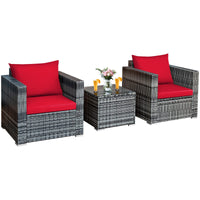3 Pieces Patio Furniture Set, PE Rattan Wicker Sofa Set w/Washable Cushion and Tempered Glass Tabletop