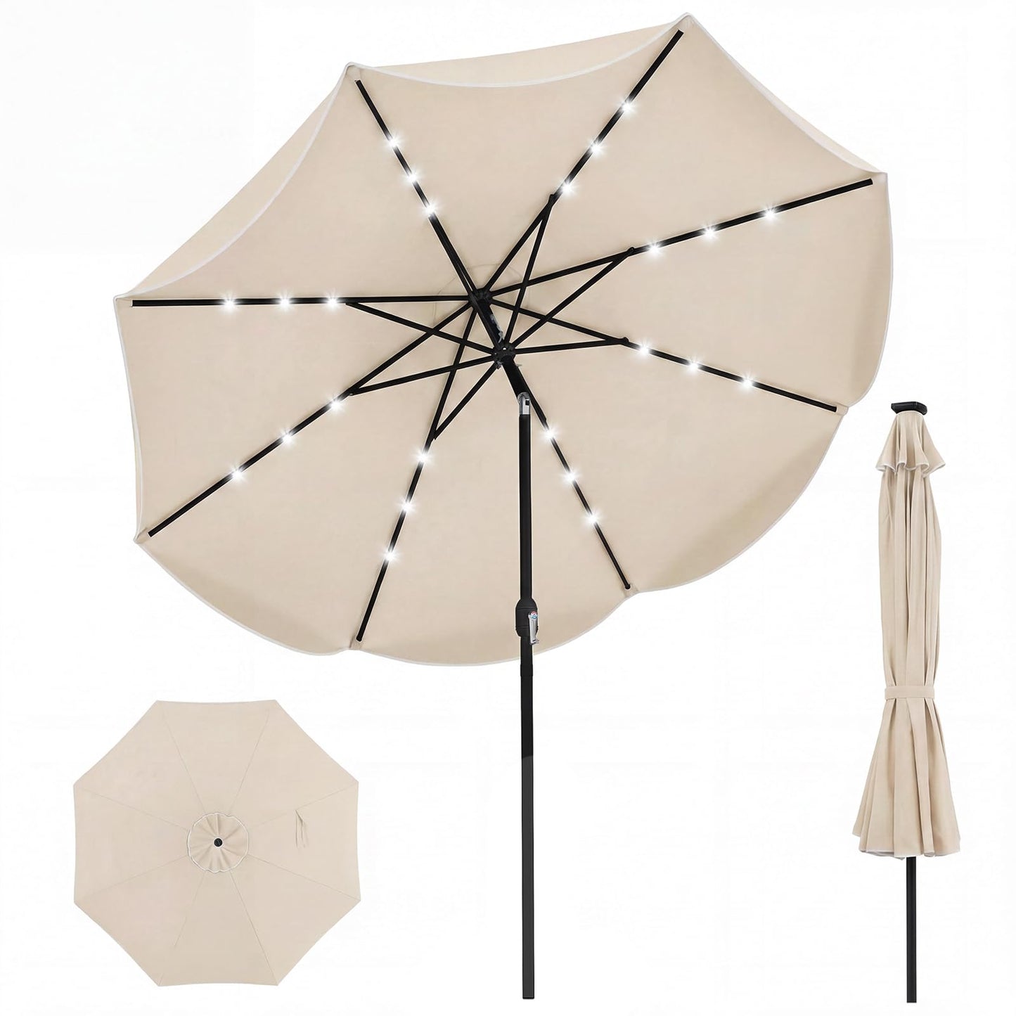 Tangkula 10 FT Solar Patio Umbrella | 2-Tiers Outdoor Scalloped Table Umbrella with 24 LED Lights