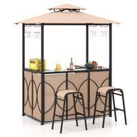 Ensemble de bar de terrasse 3 pièces Tangkula, tonnelle de barbecue et 2 tabourets de bar avec table de bar en verre trempé, étagères de rangement en métal