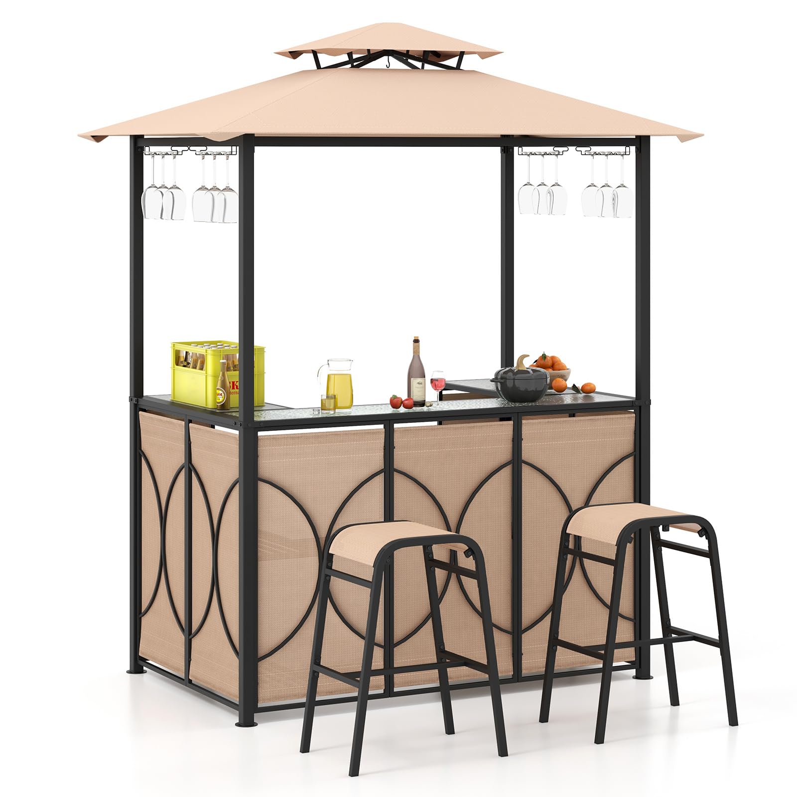 Ensemble de bar de terrasse 3 pièces Tangkula, tonnelle de barbecue et 2 tabourets de bar avec table de bar en verre trempé, étagères de rangement en métal