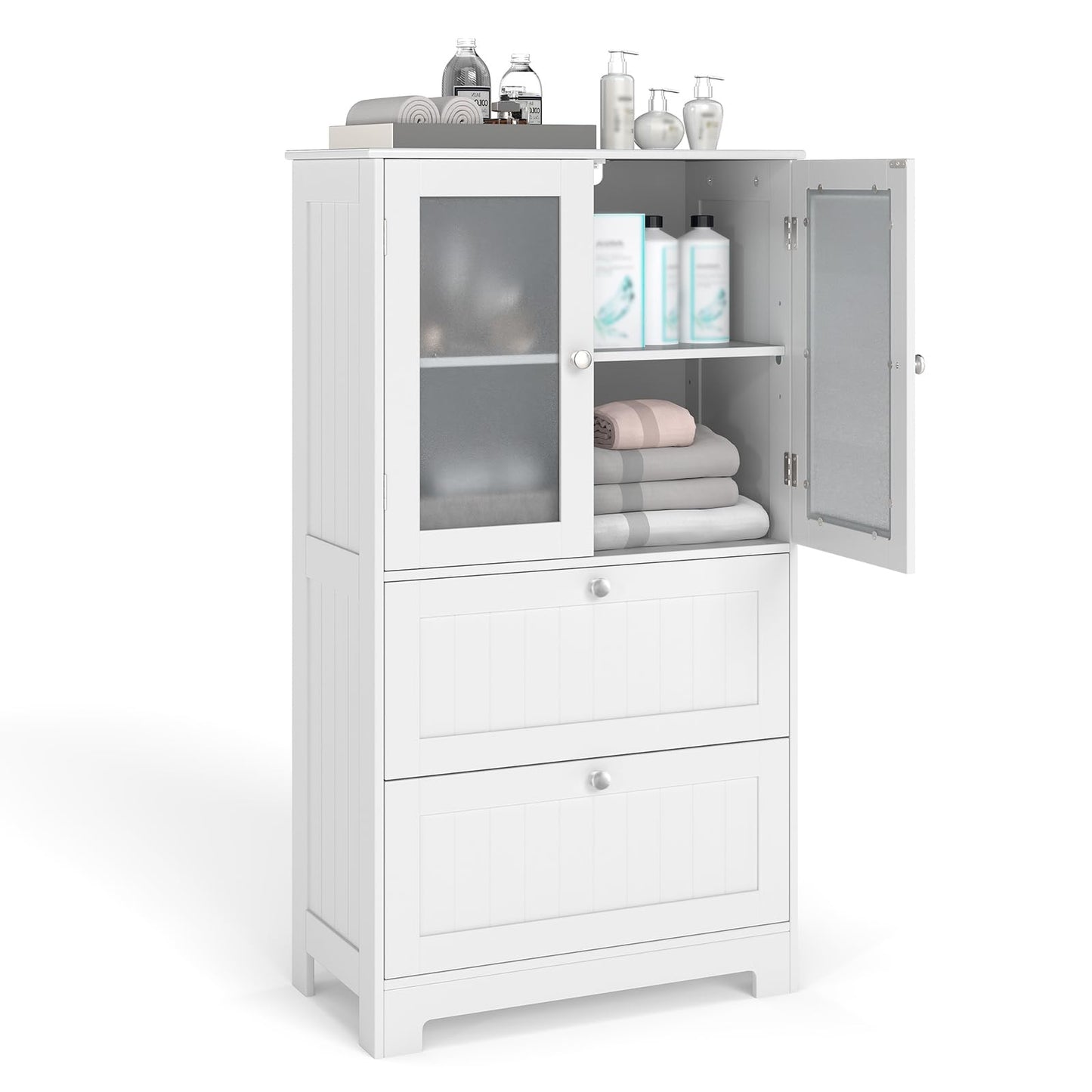 Tangkula Bathroom Floor Storage Cabinet with 2 Drawers & 2 Frosted Glass Doors