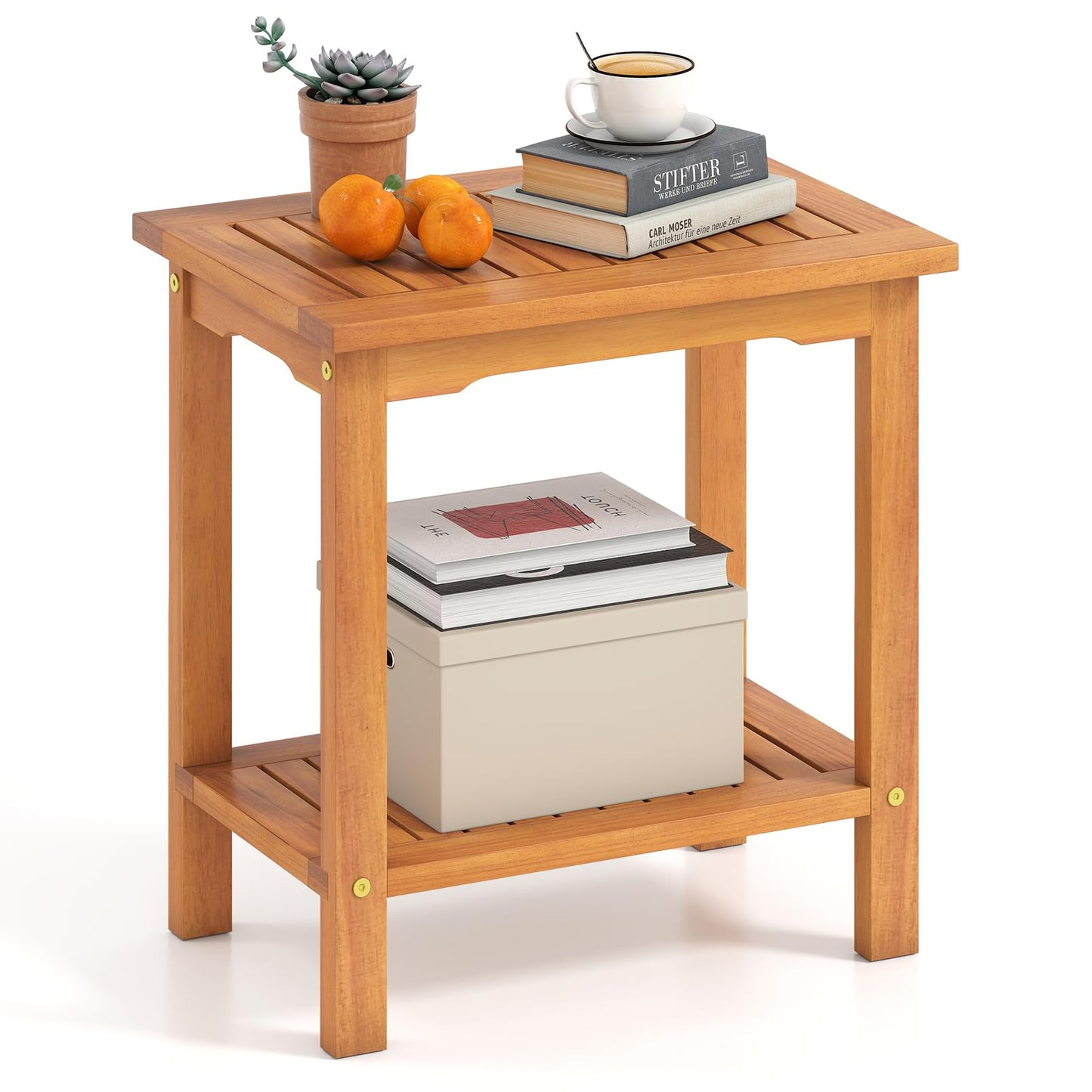 Tangkula Table d'appoint d'extérieur, table de patio à 2 niveaux avec plateau à lattes et étagère de rangement